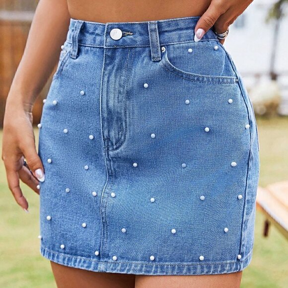 Casual Pearls Beaded Denim Skirt Blue - Picture 5 of 5